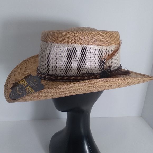 ANPA Handmade Men's  Brown/Tan Braided Leather Band Breathable Panama Style Hat - Picture 1 of 7